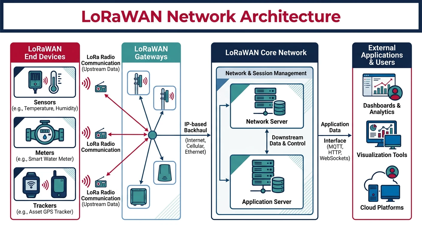 LoRaWAN network architecture showing end devices transmitting via LoRa radio to gateways connected to network and application servers
