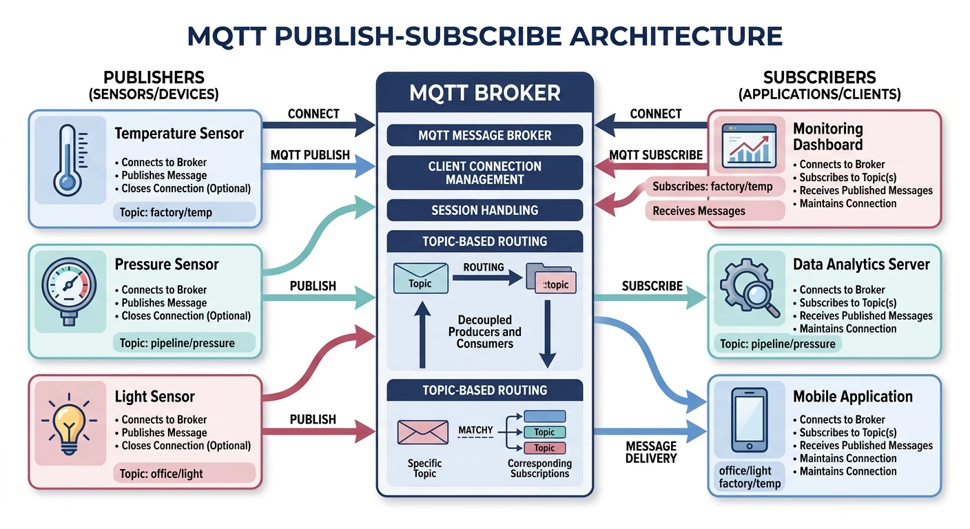 MQTT publish-subscribe architecture with central broker routing messages between sensor publishers and application subscribers