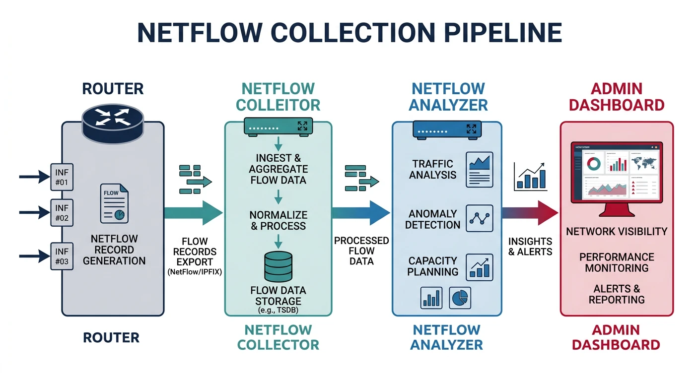 NetFlow collection pipeline from router exporting flow records to collector, analyzer, and admin dashboard