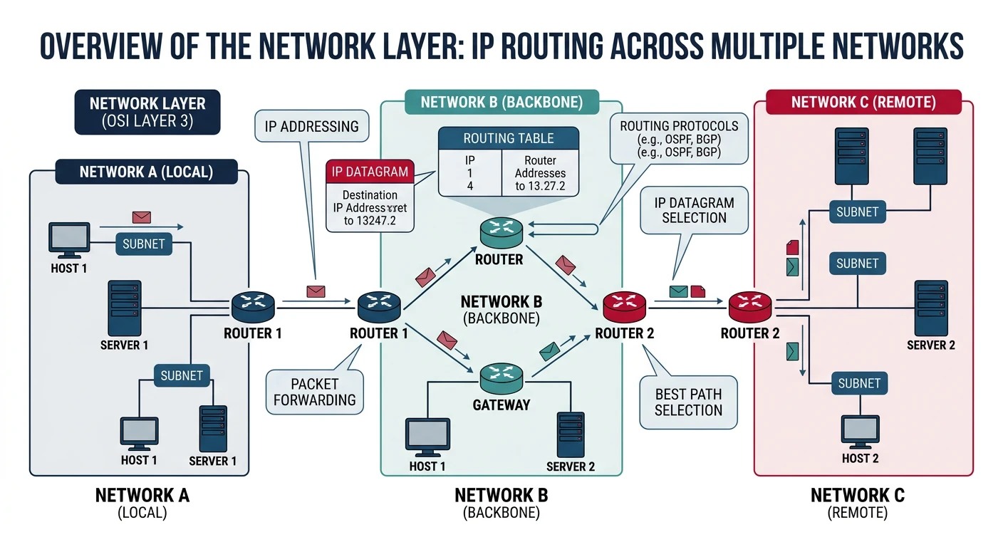 Overview of the Network Layer showing IP routing across multiple interconnected networks with routers