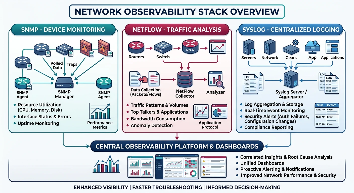 Network observability stack overview showing SNMP for device monitoring, NetFlow for traffic analysis, and Syslog for centralized logging