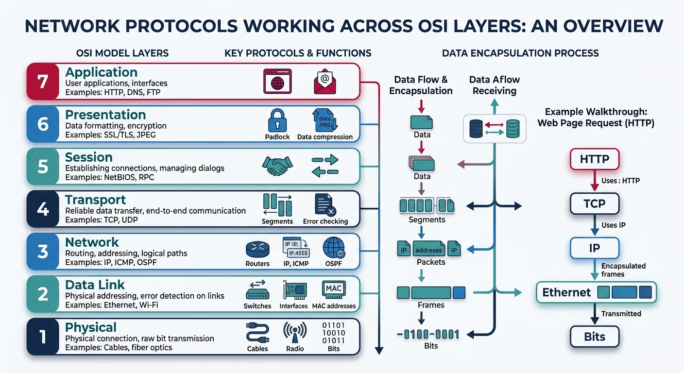 Overview diagram showing how network protocols work together across different OSI layers to enable communication