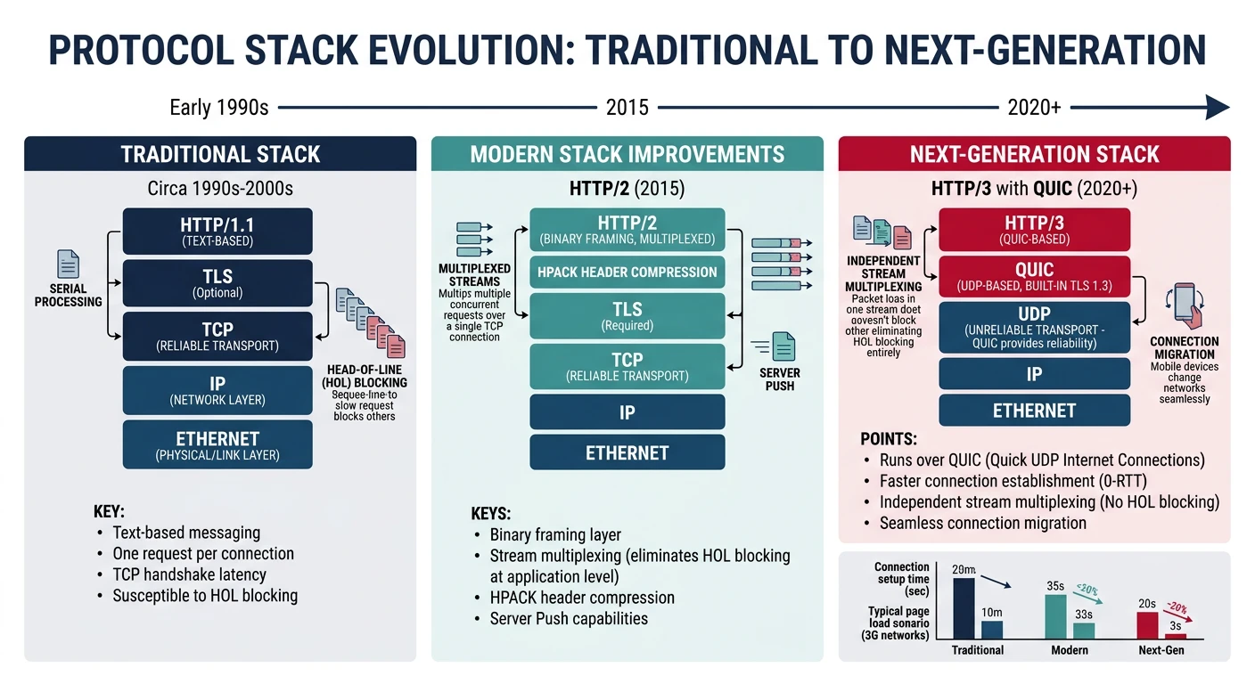 Timeline diagram showing the evolution from TCP/IP through HTTP/2 and TLS 1.3 to QUIC, HTTP/3, and WebTransport