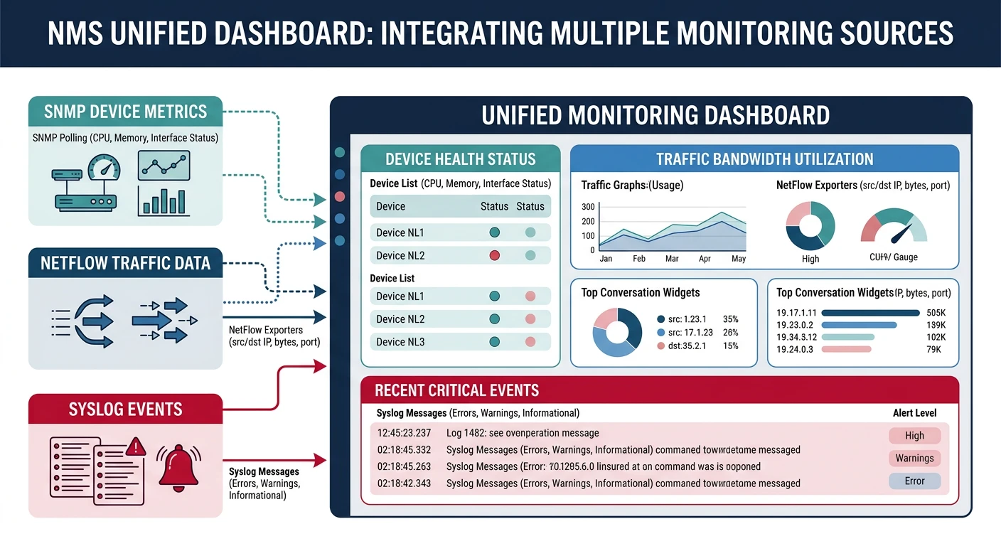 NMS unified dashboard integrating SNMP device metrics, NetFlow traffic data, and Syslog events into a single monitoring view