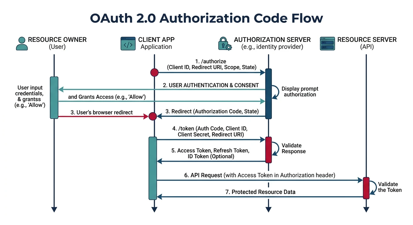 Sequence diagram of the OAuth 2.0 Authorization Code flow showing interactions between resource owner, client app, authorization server, and resource server