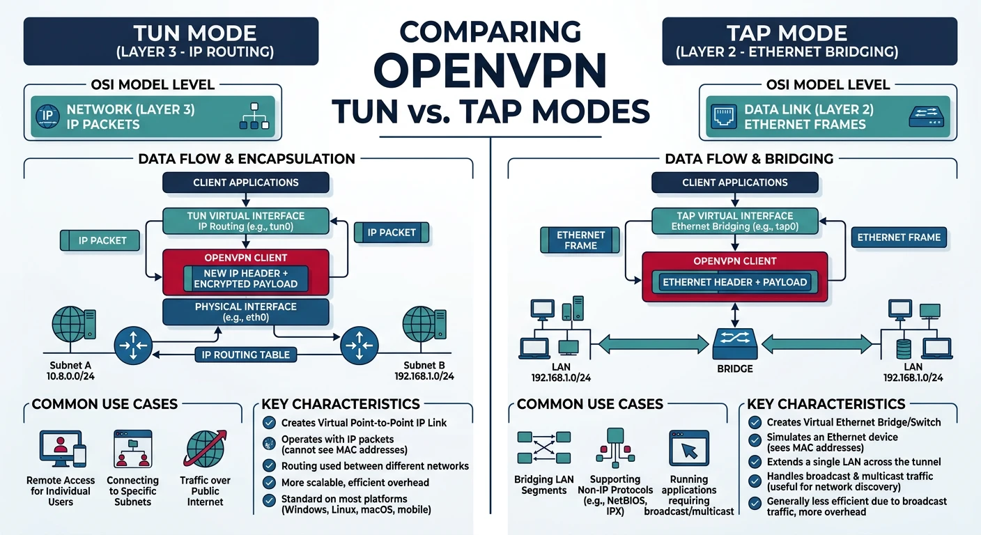 Diagram comparing OpenVPN TUN mode operating at Layer 3 with IP routing versus TAP mode operating at Layer 2 with Ethernet bridging
