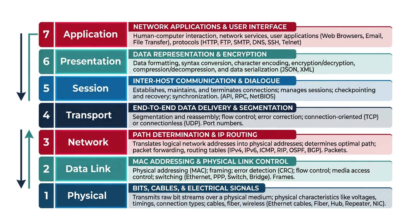 Diagram of the OSI model showing all seven layers from Physical to Application with their responsibilities