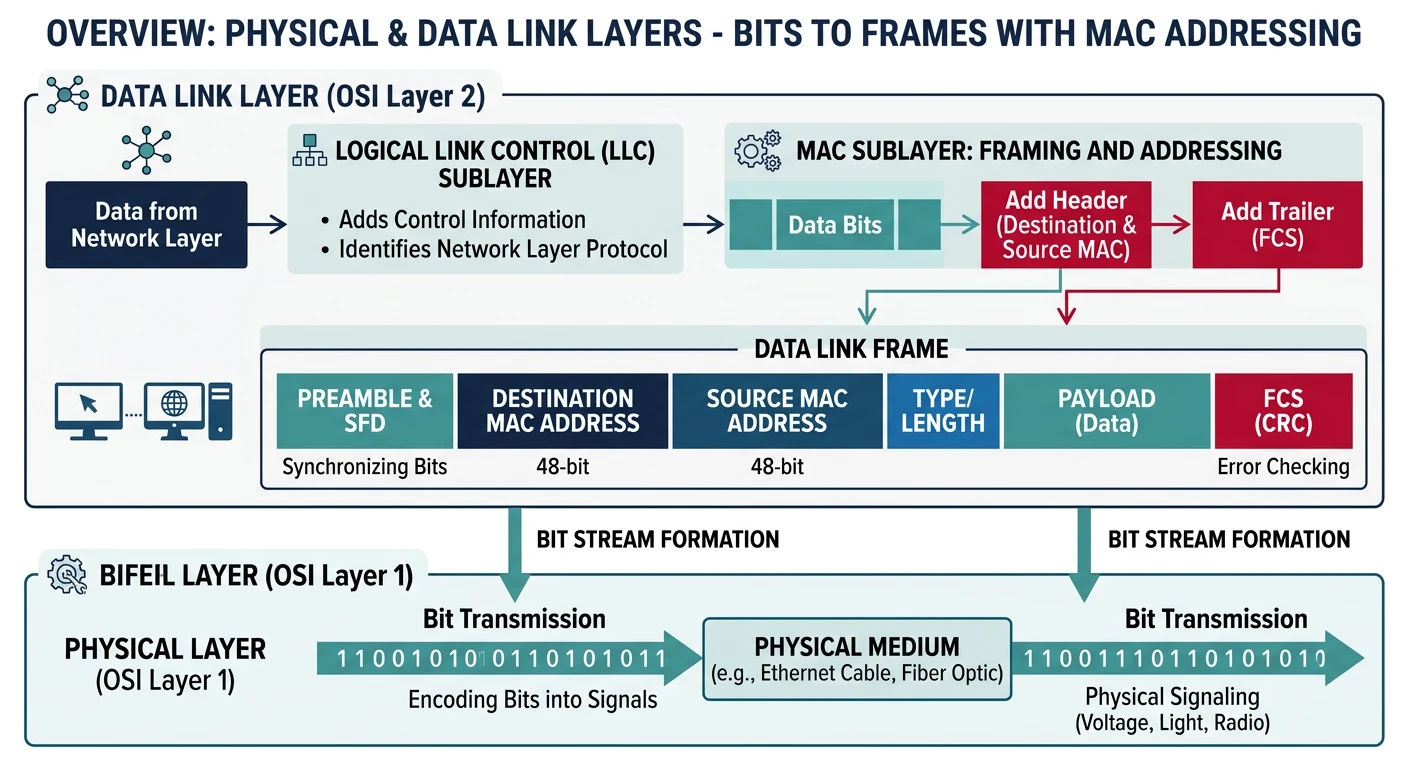 Overview of the Physical and Data Link layers showing how bits become frames with MAC addressing