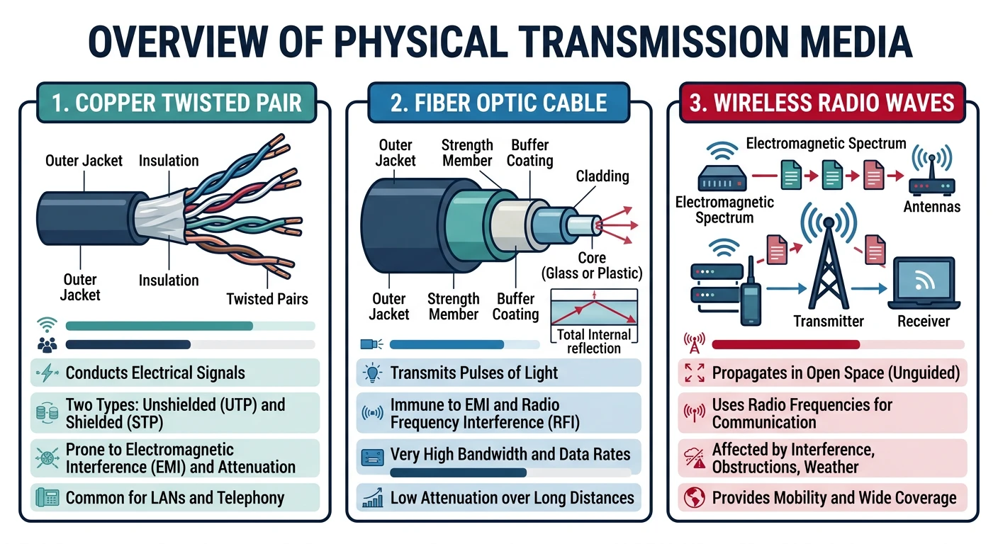 Types of physical transmission media including copper twisted pair, fiber optic cable, and wireless radio waves