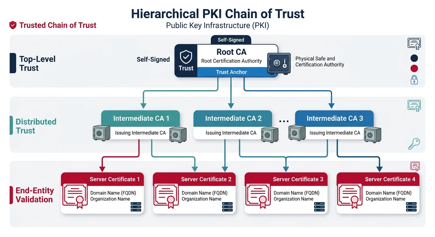Hierarchical tree diagram showing the PKI chain of trust from root CA to intermediate CAs to end-entity server certificates