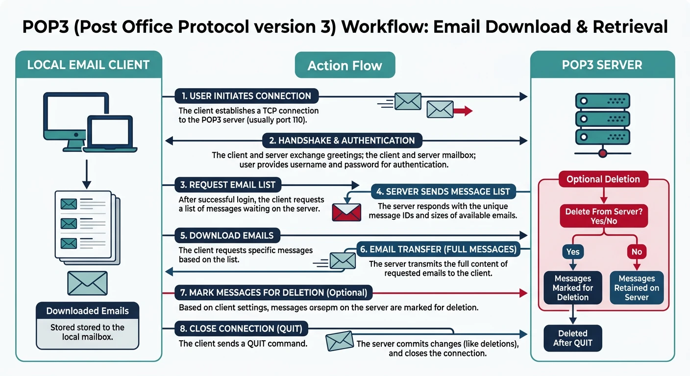 POP3 workflow diagram showing email download from server to local client with optional deletion