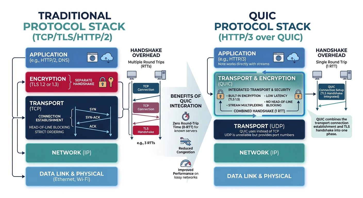 Comparison of QUIC and traditional TCP/TLS protocol stacks showing how QUIC combines transport and encryption