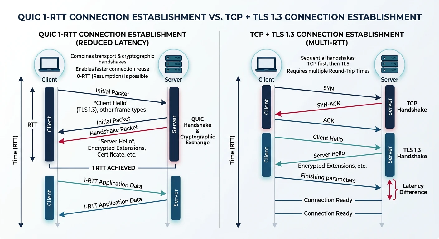 Side-by-side comparison of QUIC 1-RTT handshake versus TCP plus TLS 1.3 multi-round-trip connection establishment