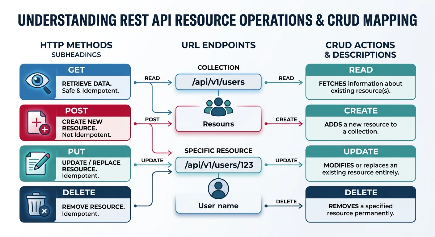 Illustration of REST API resource operations showing HTTP methods GET, POST, PUT, DELETE mapping to CRUD actions on URL endpoints