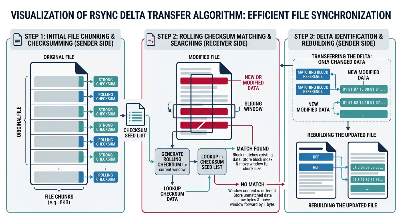 Visualization of rsync delta transfer algorithm showing file chunking, rolling checksum comparison, and transfer of only changed blocks