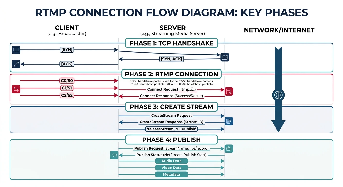 RTMP connection flow diagram showing TCP handshake, connect, create stream, and publish phases