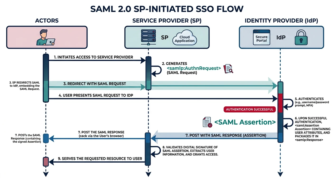 Sequence diagram of the SAML 2.0 SP-initiated SSO flow showing user, service provider, and identity provider interactions with SAML request and assertion exchange