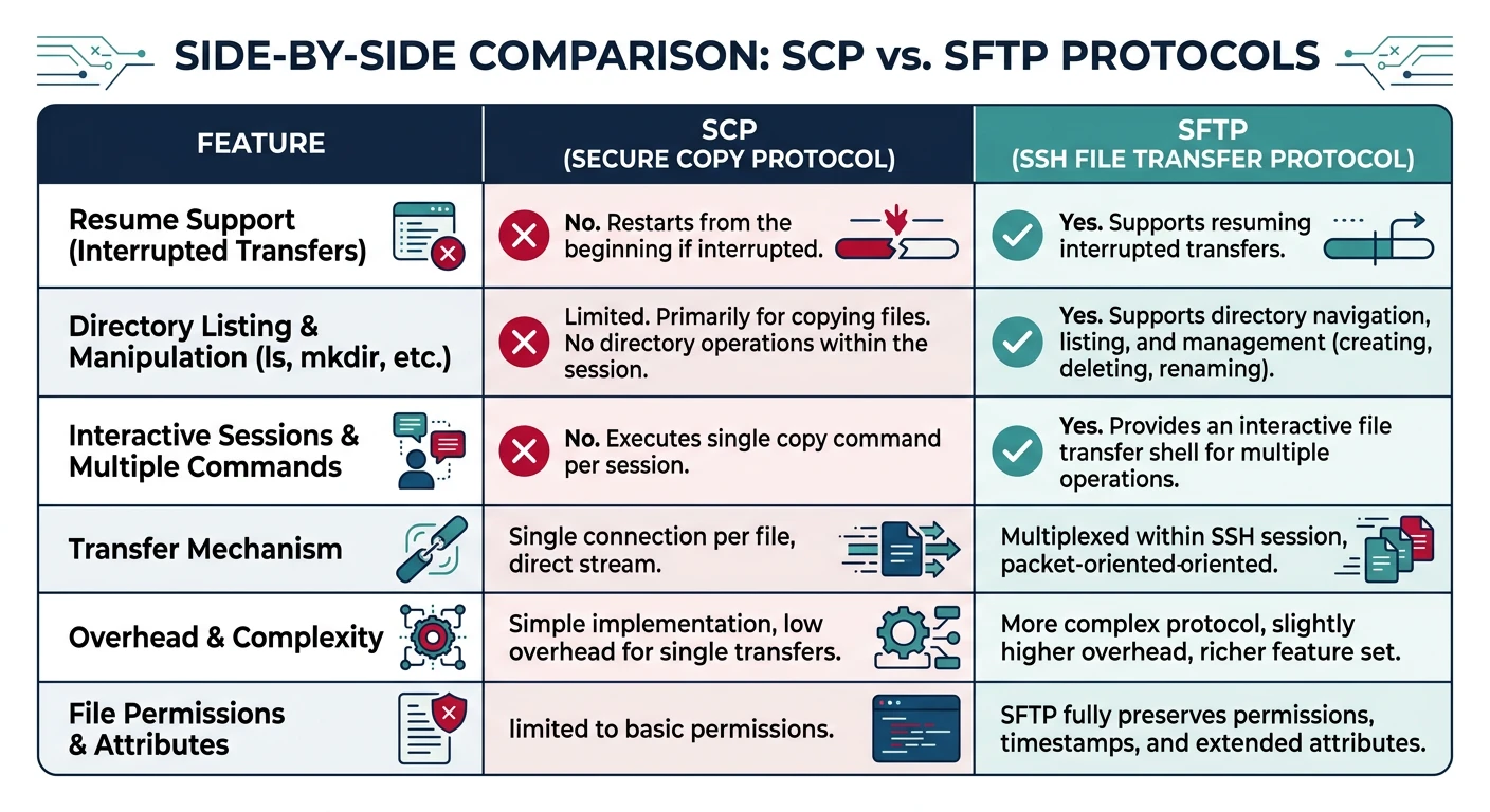 Side-by-side comparison table of SCP versus SFTP showing features like resume support, directory listing, and interactive sessions