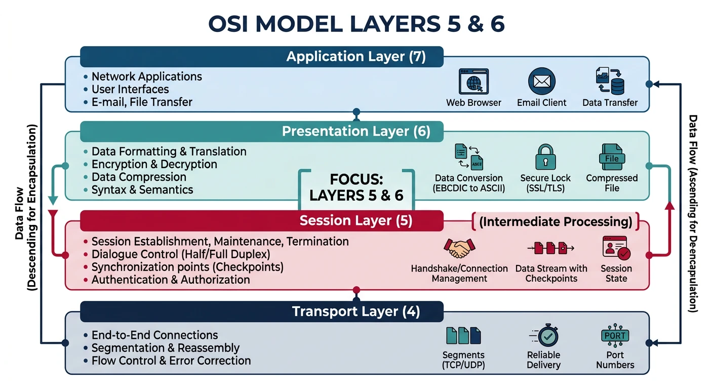 Diagram showing OSI model layers 5 and 6 — session and presentation layers — positioned between transport and application layers