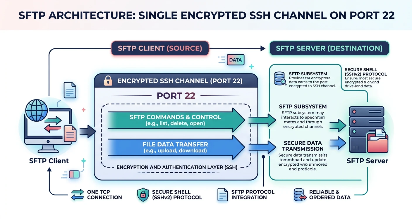 SFTP architecture diagram showing a single encrypted SSH channel on port 22 carrying both commands and file data