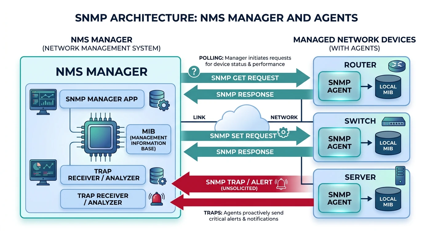 SNMP architecture diagram with NMS manager polling agents on network devices via GET/SET operations and receiving TRAP alerts