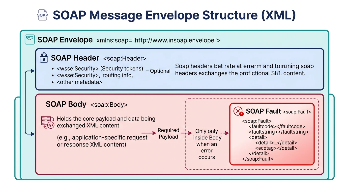 Diagram of SOAP message envelope structure showing Header, Body, and Fault elements in XML format