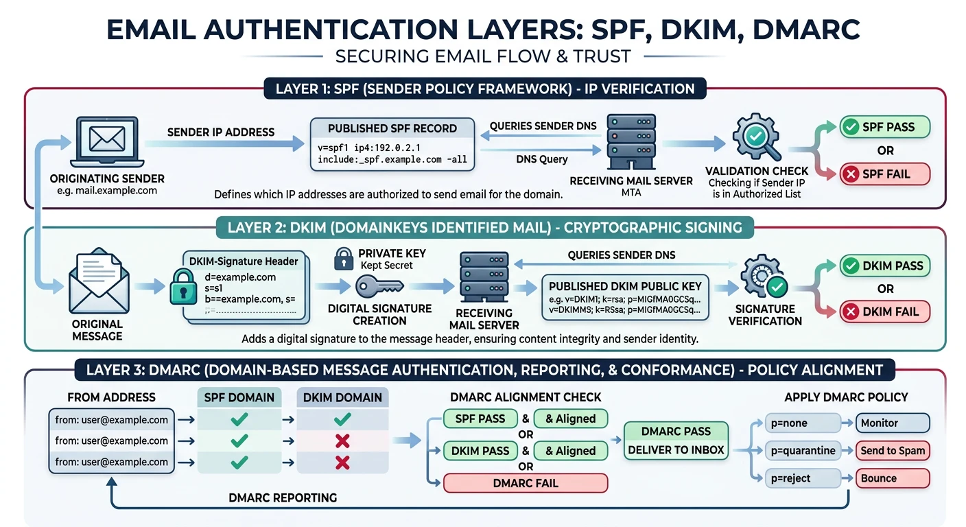 Layered diagram of email authentication showing SPF IP verification, DKIM cryptographic signing, and DMARC policy alignment