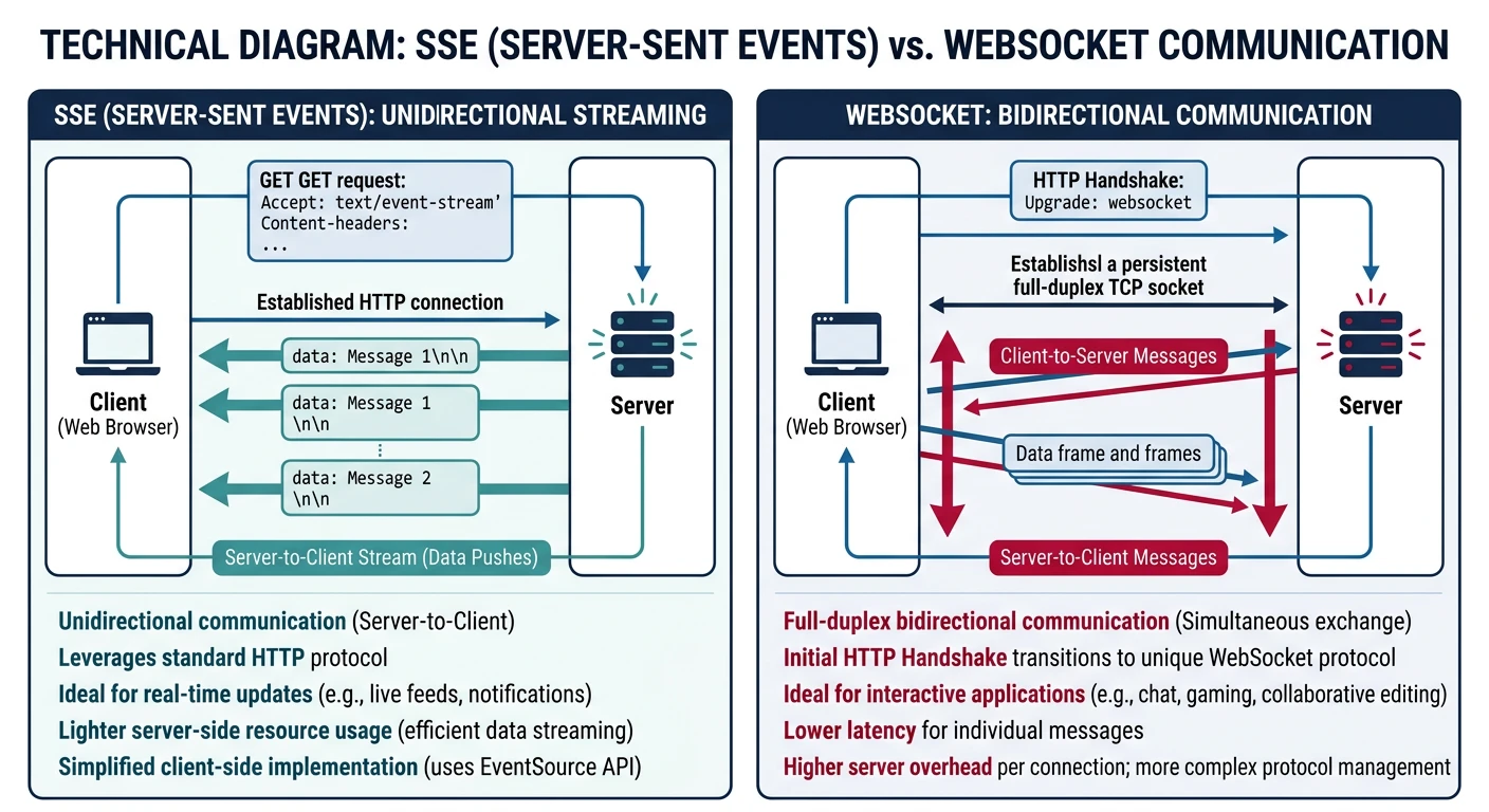 Diagram comparing SSE unidirectional server-to-client streaming vs WebSocket bidirectional communication