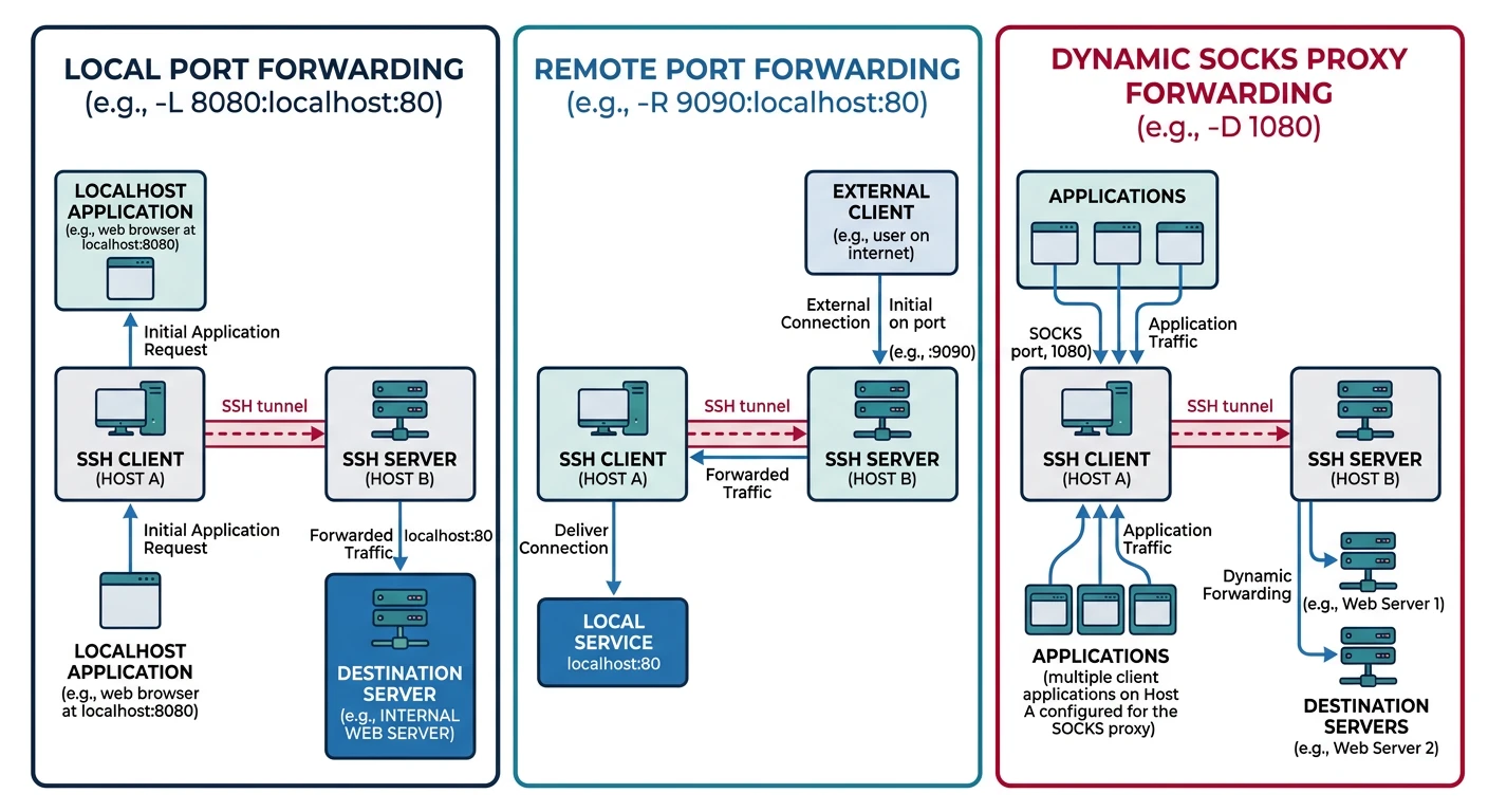 Three diagrams showing SSH local port forwarding, remote port forwarding, and dynamic SOCKS proxy forwarding with traffic flow arrows