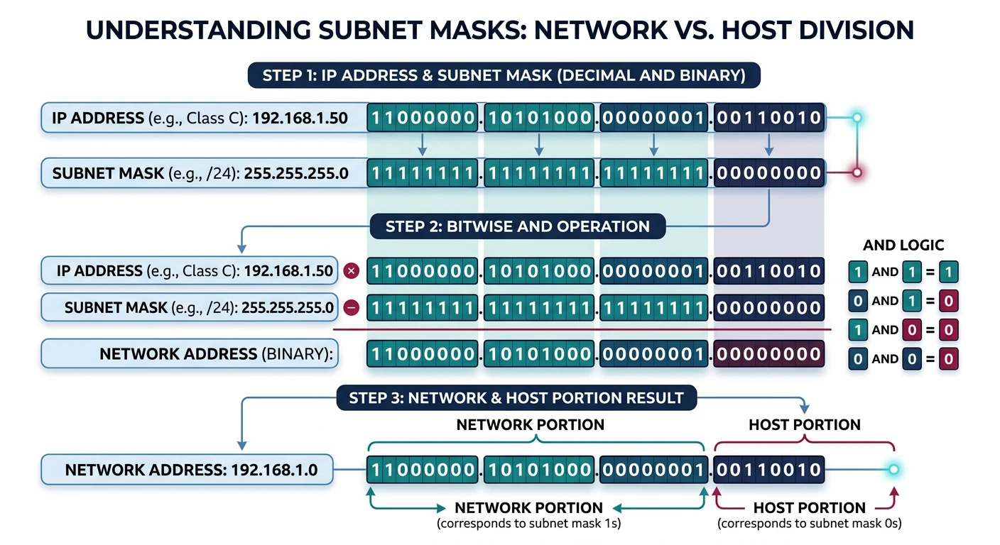 Subnet mask dividing an IP address into network and host portions with binary AND operation