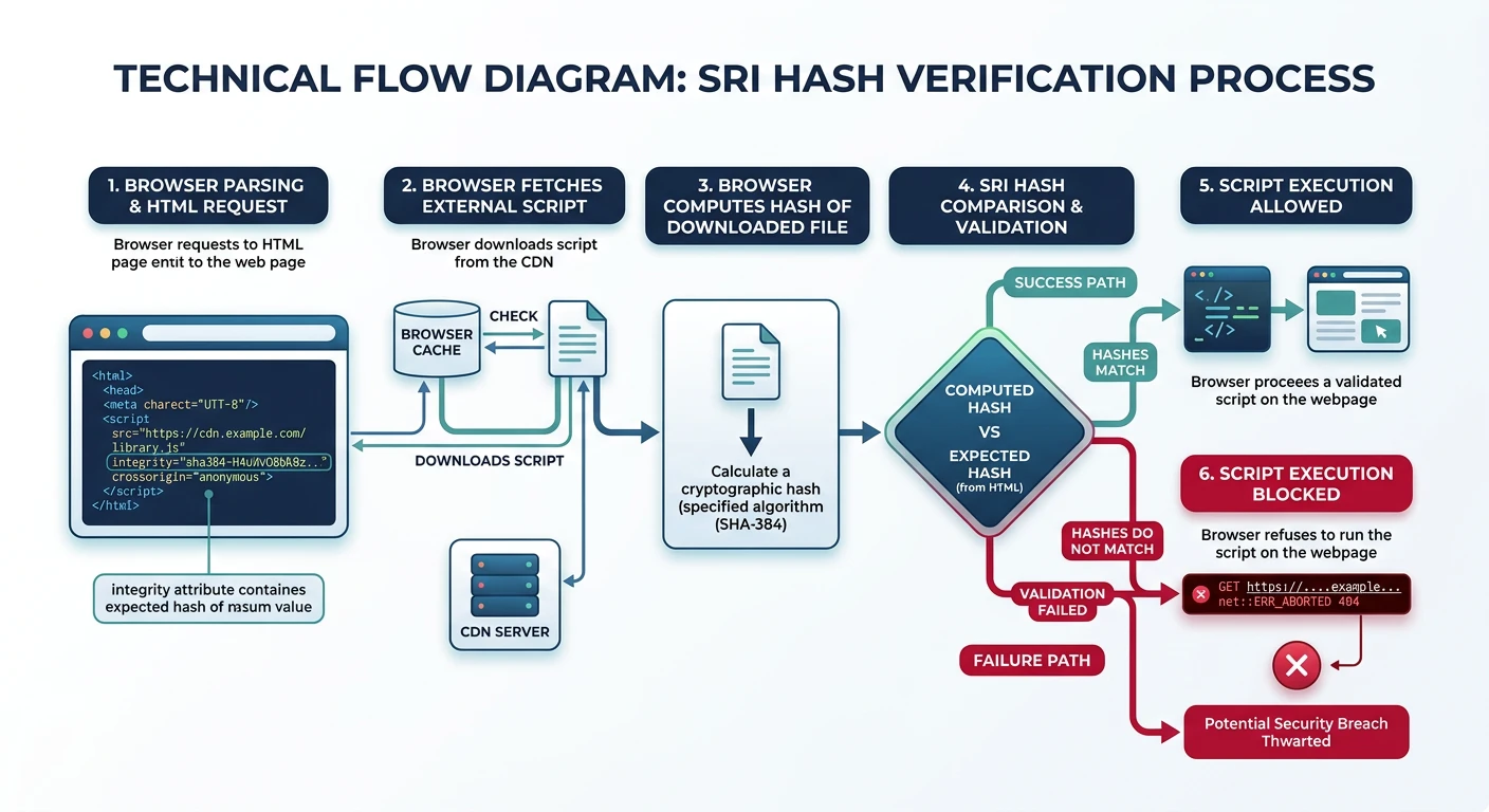 Flow diagram showing SRI hash verification process when browser downloads and validates external scripts loaded from a CDN