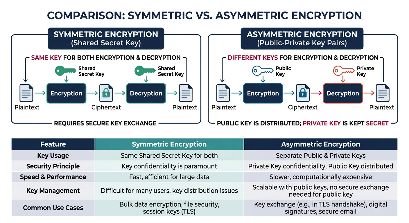 Comparison diagram of symmetric encryption using shared secret key versus asymmetric encryption using public-private key pairs