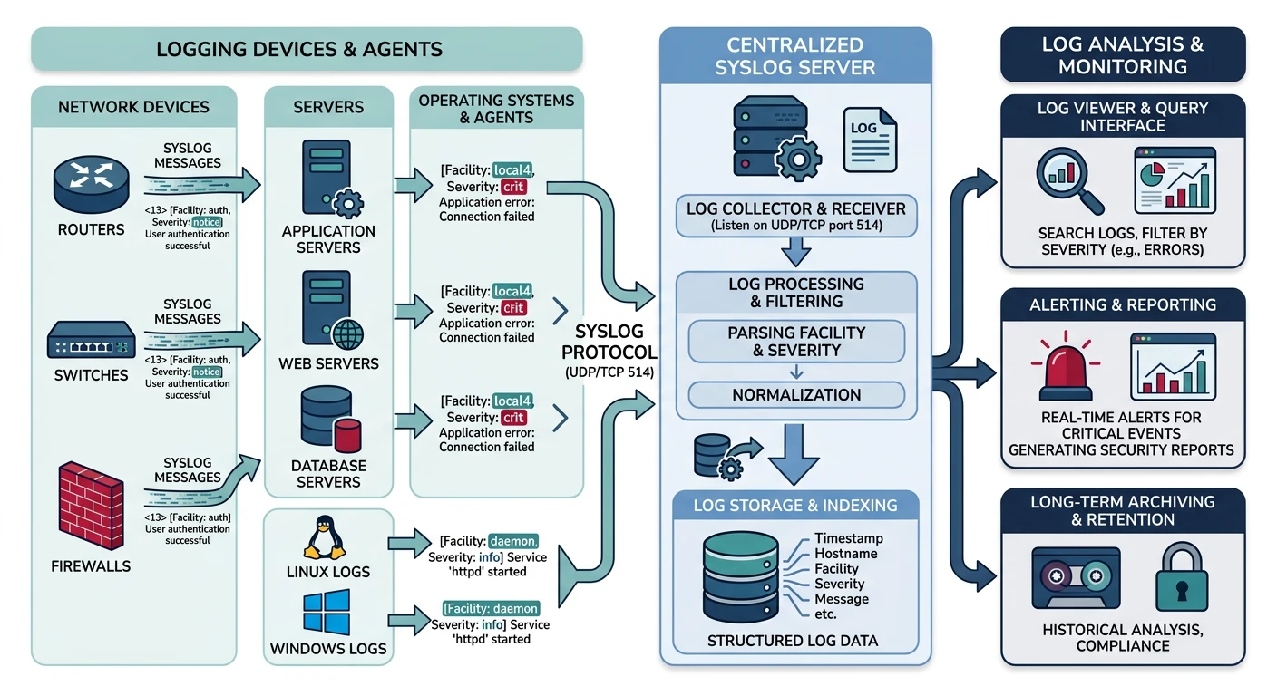 Syslog centralized logging architecture with multiple devices forwarding messages with facility and severity levels to a central log server
