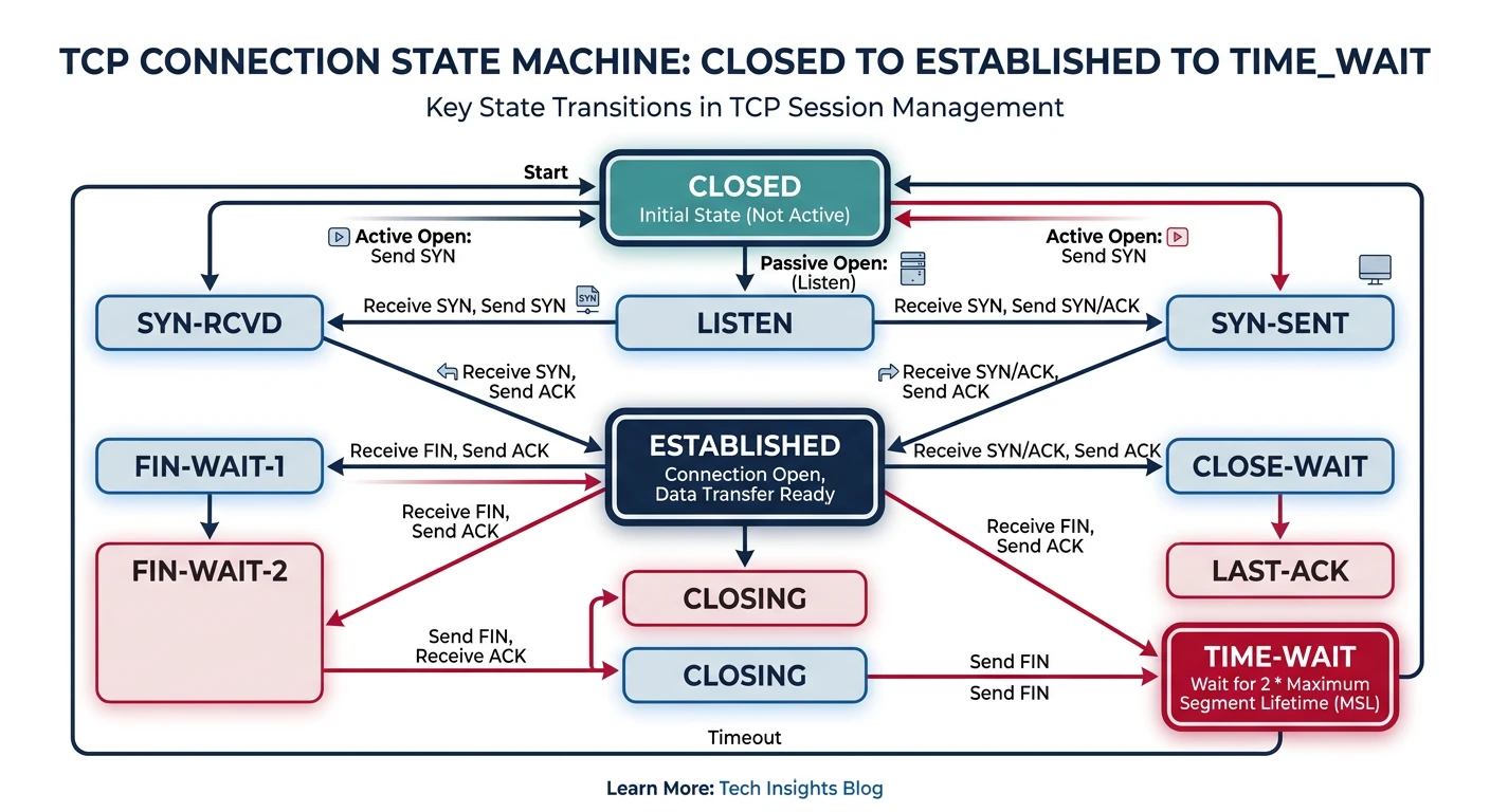 TCP connection state machine diagram showing transitions from CLOSED through ESTABLISHED to TIME_WAIT