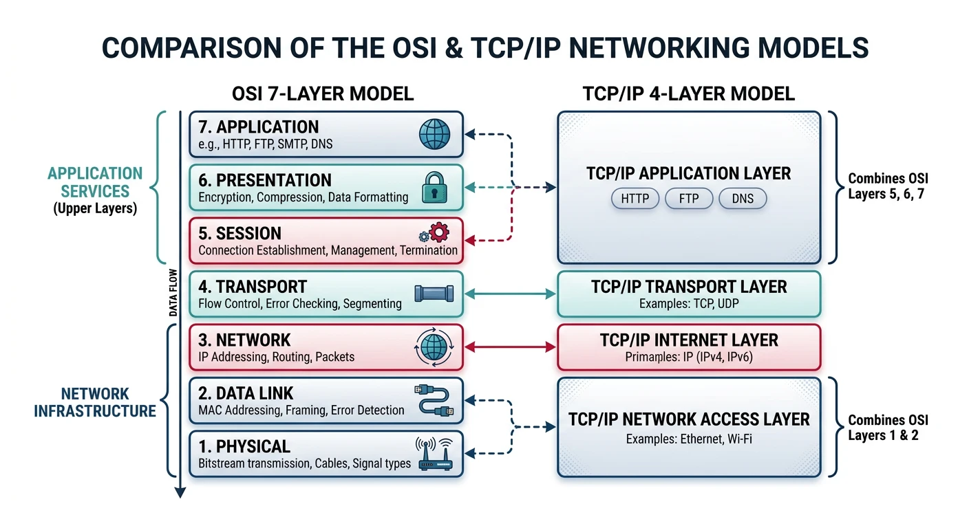 Side-by-side comparison of the TCP/IP four-layer model and OSI seven-layer model showing how layers map to each other