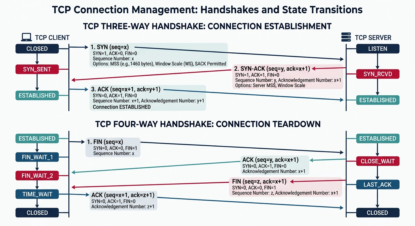 TCP three-way handshake showing SYN, SYN-ACK, and ACK message exchange between client and server