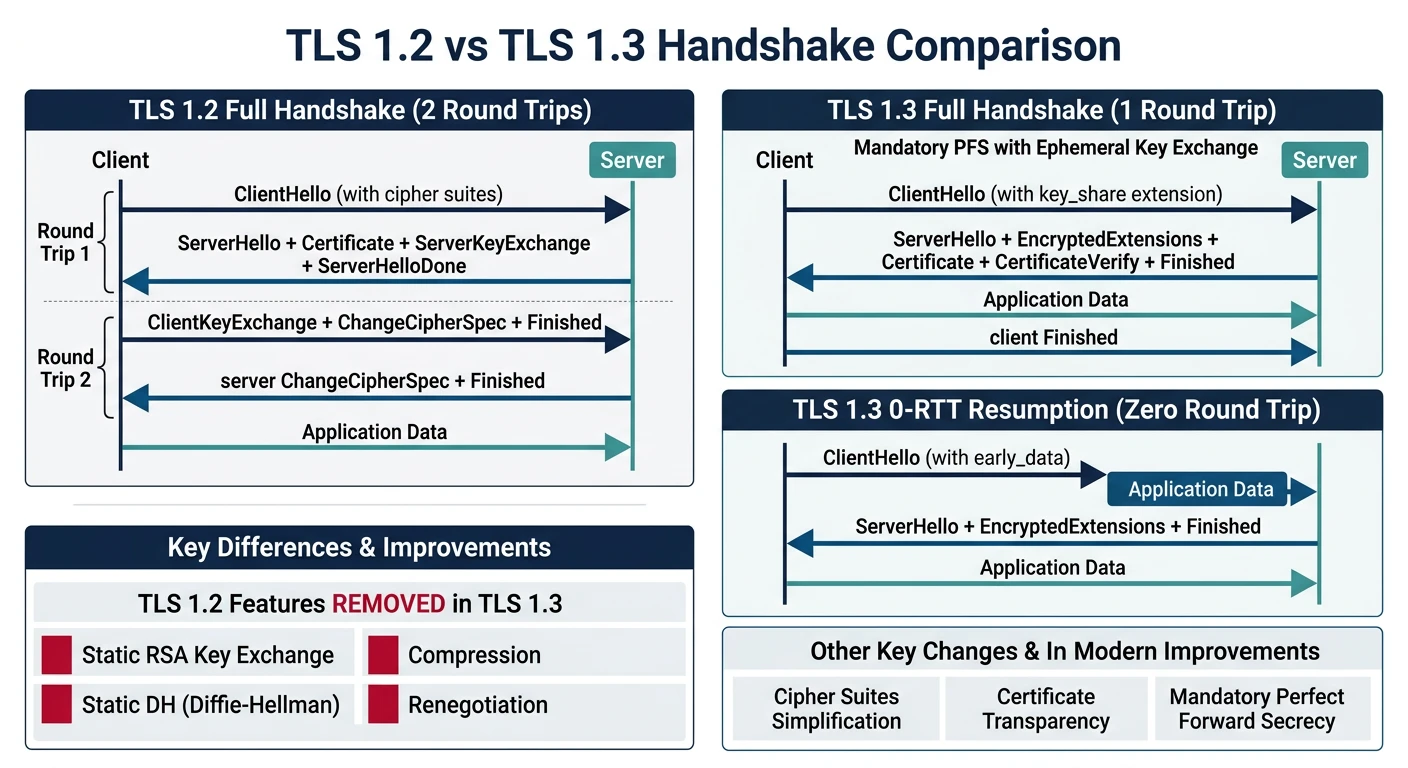 Side-by-side sequence diagram comparing TLS 1.2 two-round-trip handshake with TLS 1.3 single-round-trip handshake