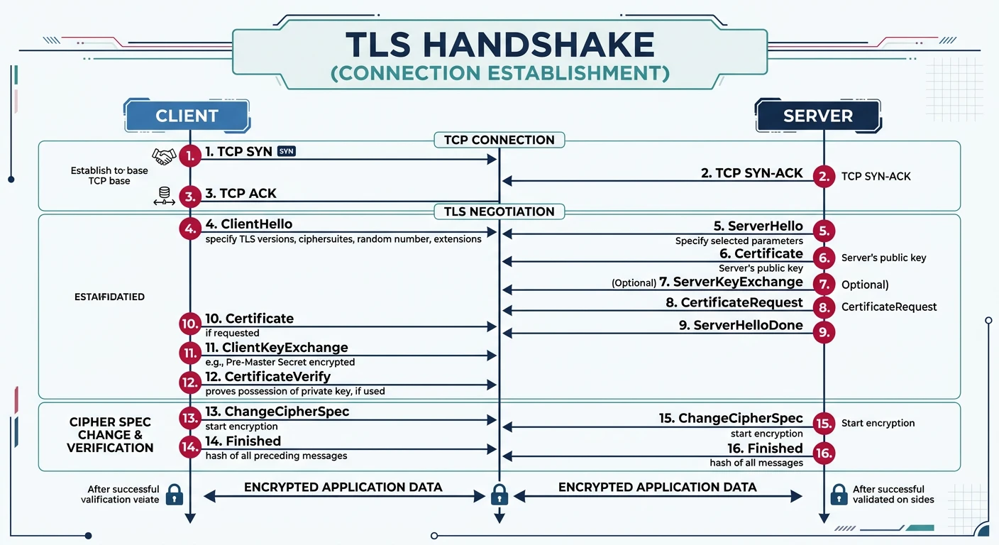 Sequence diagram of TLS handshake showing message exchange between client and server during connection establishment