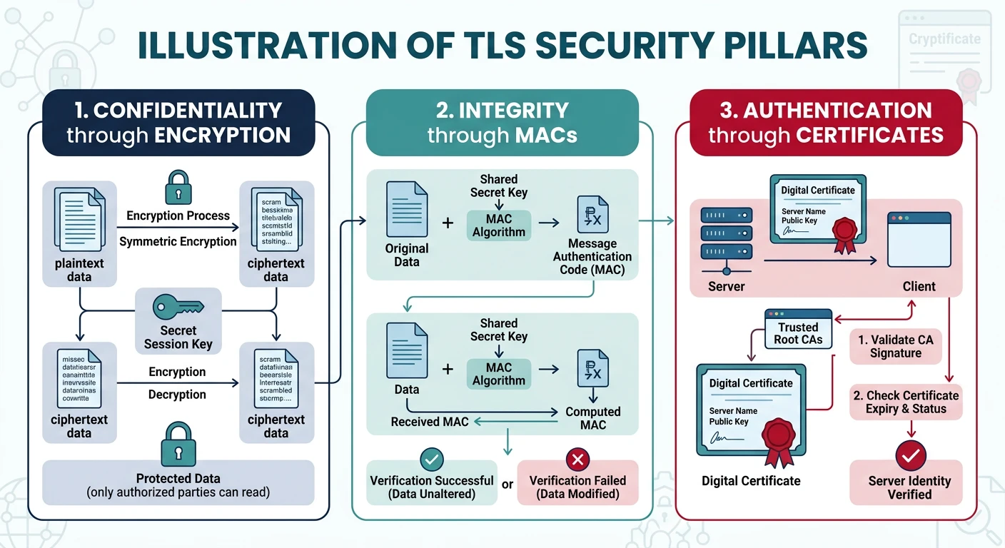 Illustration of TLS security pillars: confidentiality through encryption, integrity through MACs, and authentication through certificates