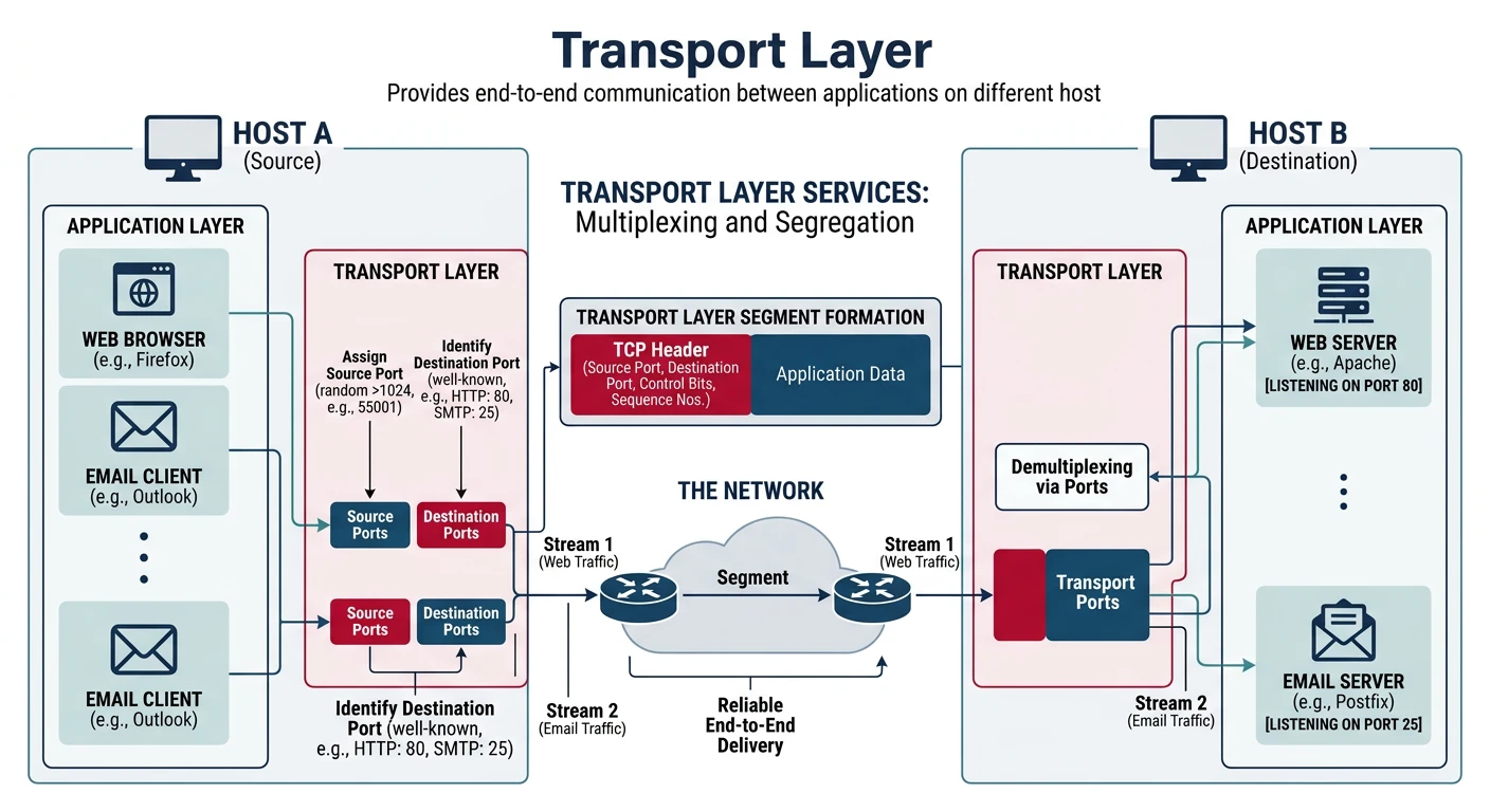 Transport Layer providing end-to-end communication between applications on different hosts via ports
