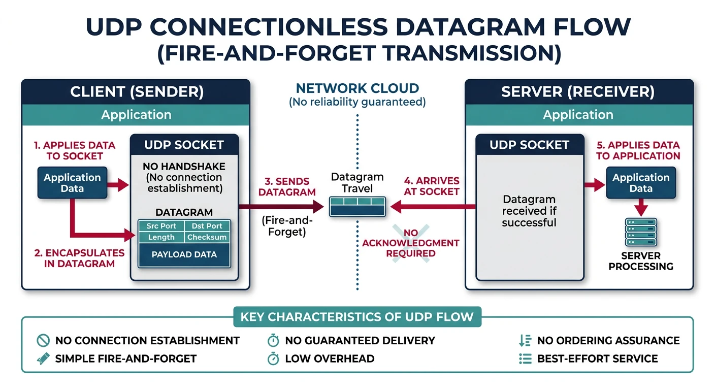 UDP connectionless datagram flow showing simple fire-and-forget transmission without handshake