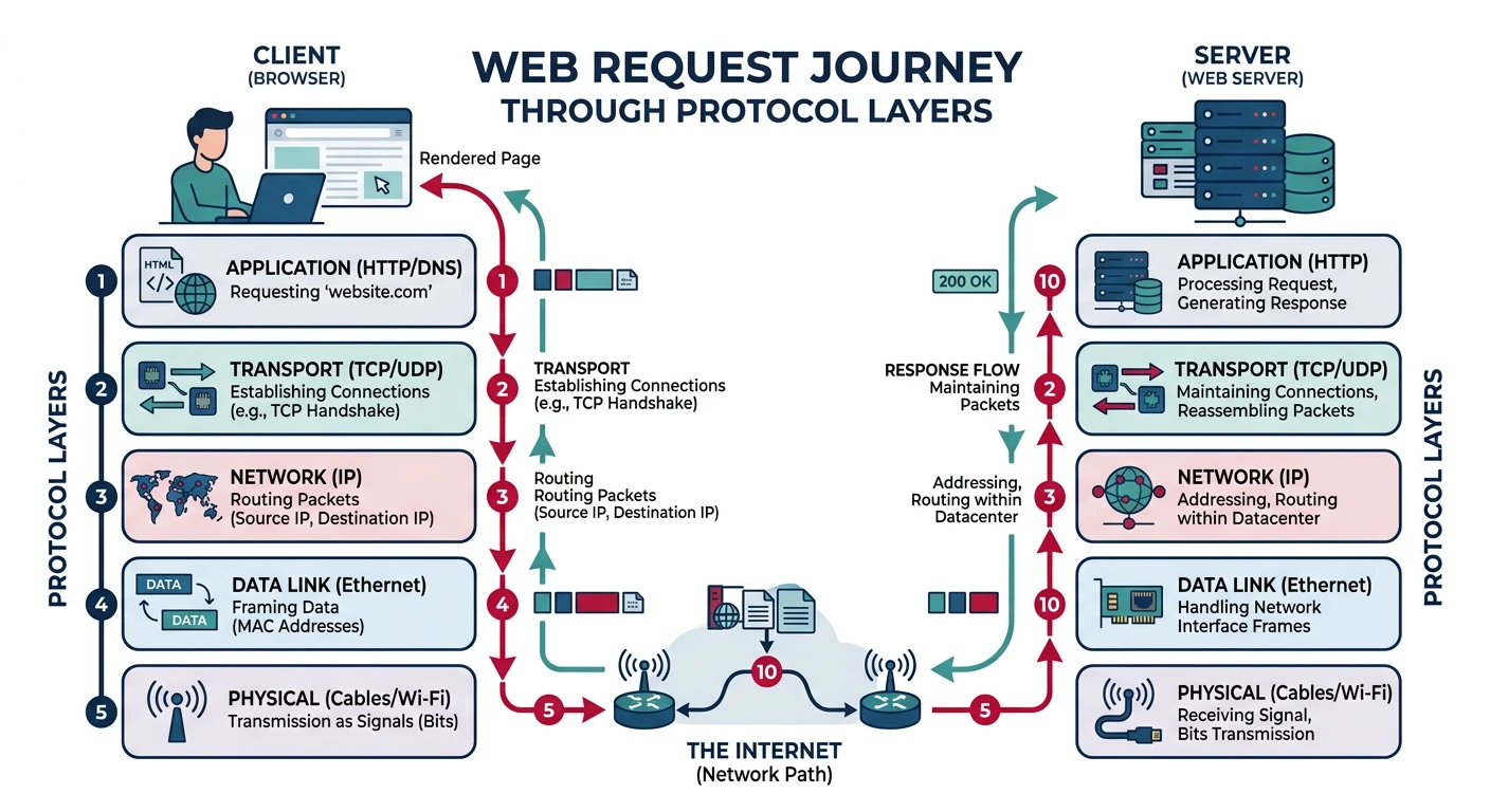 Step-by-step diagram of a web request traveling through all protocol layers from browser to server