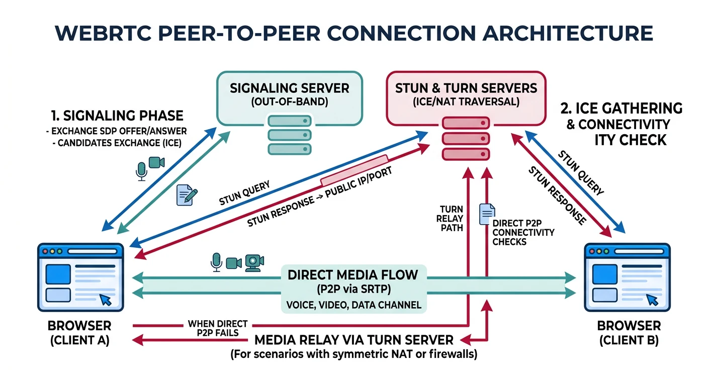 WebRTC peer-to-peer connection architecture showing signaling server, STUN/TURN servers, and direct media flow between browsers