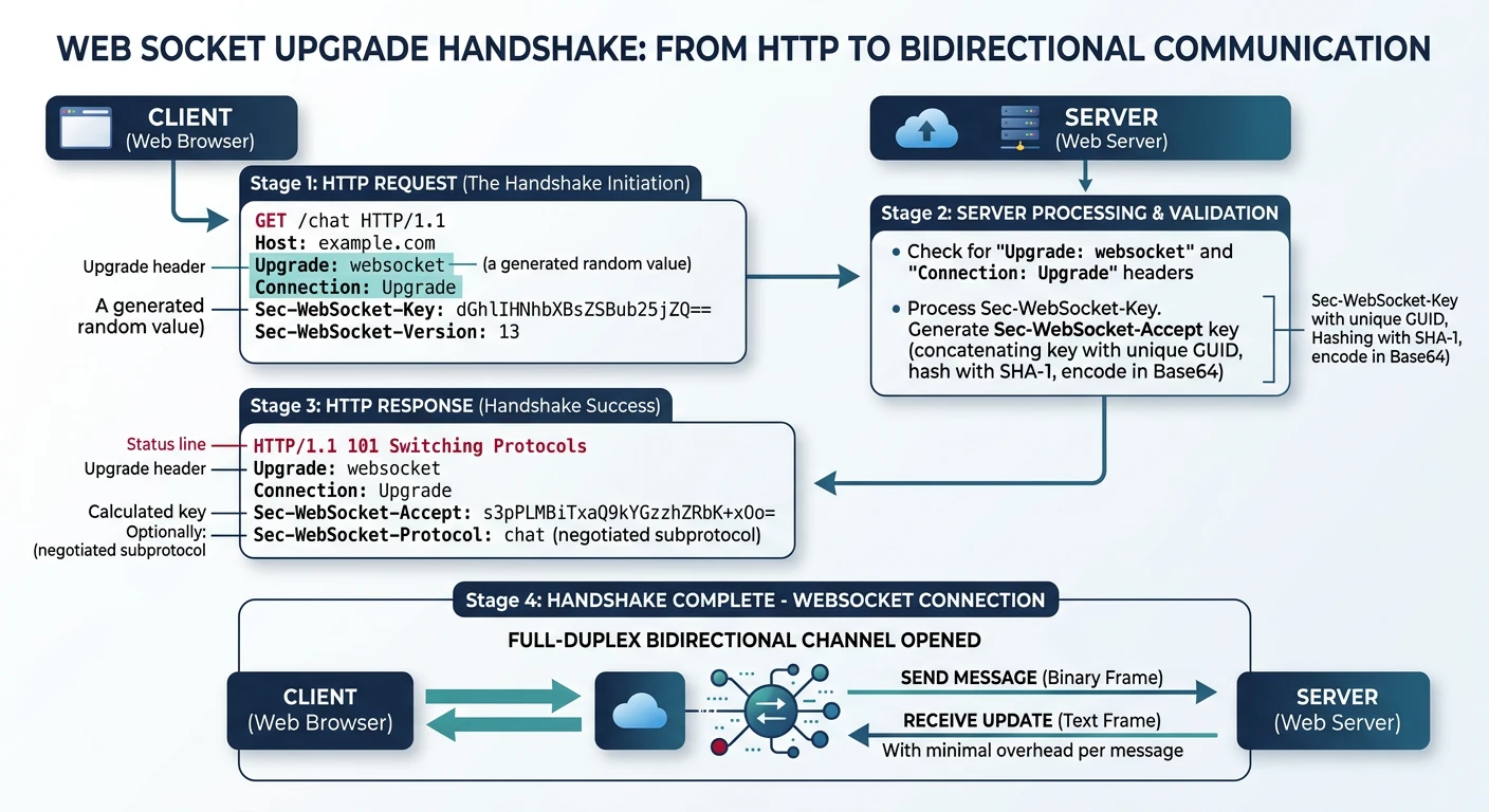 Diagram of WebSocket upgrade handshake from HTTP to full-duplex bidirectional communication channel