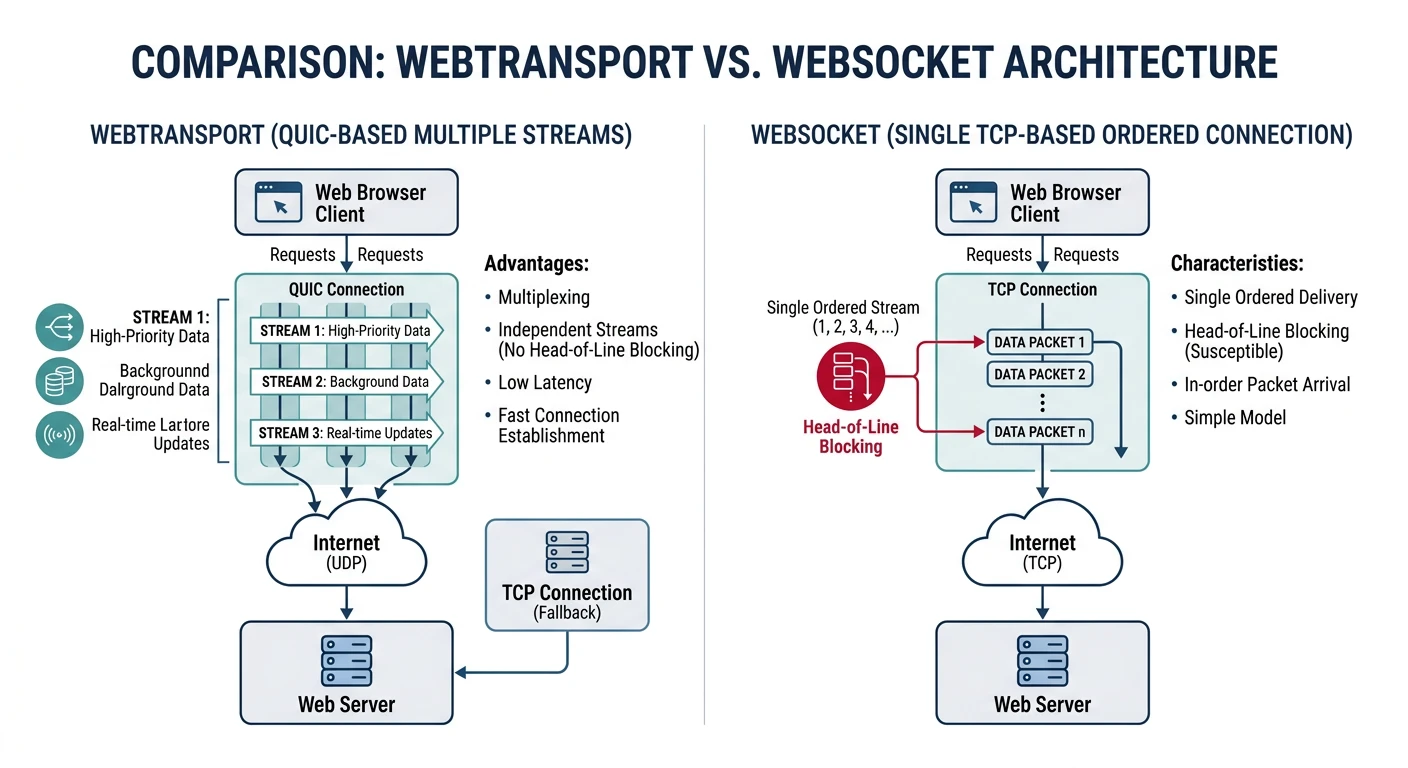 Architecture diagram comparing WebTransport QUIC-based multiple streams with WebSocket single TCP-based ordered connection