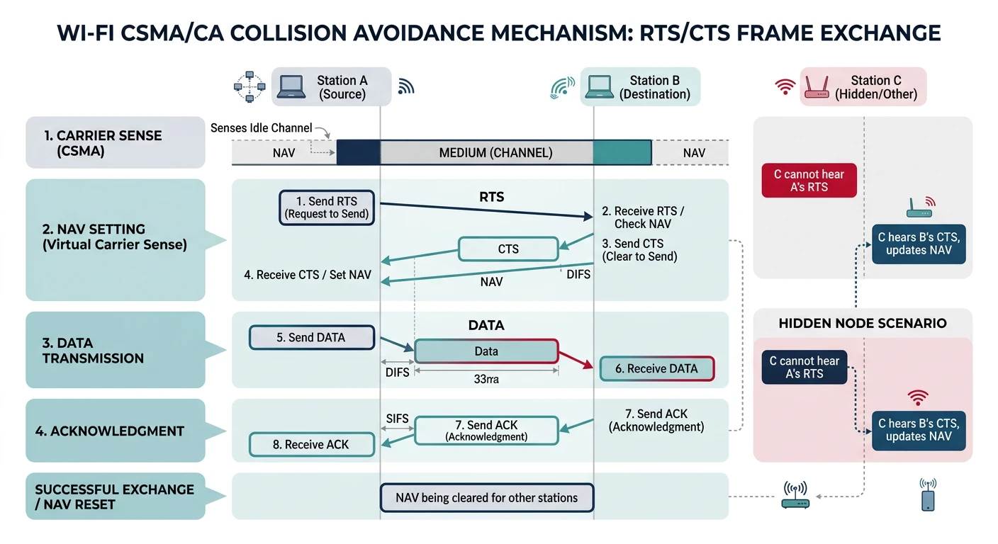 Wi-Fi CSMA/CA collision avoidance mechanism showing RTS, CTS, data, and ACK frame exchange