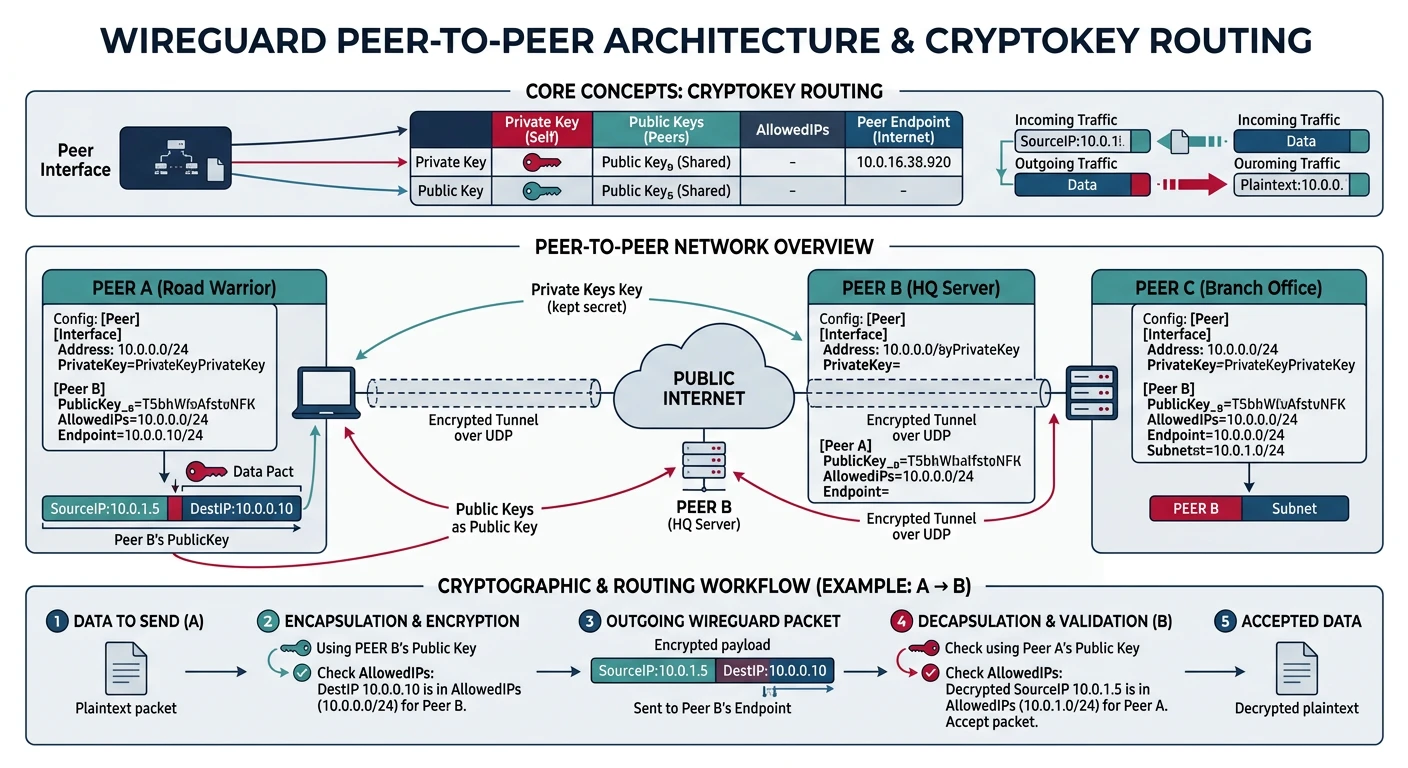 WireGuard peer-to-peer architecture diagram showing cryptokey routing with public/private key pairs and AllowedIPs configuration