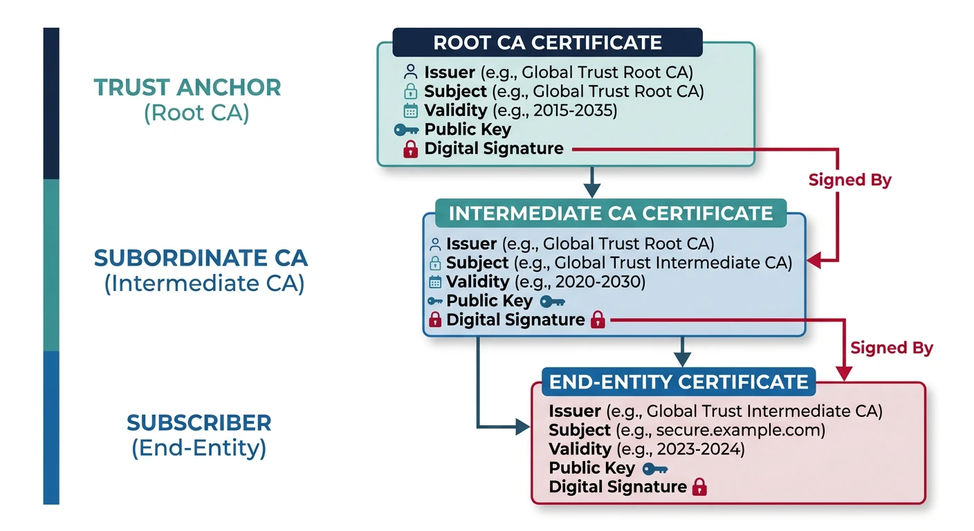 Diagram of X.509 certificate chain of trust from root CA through intermediate CA to end-entity certificate