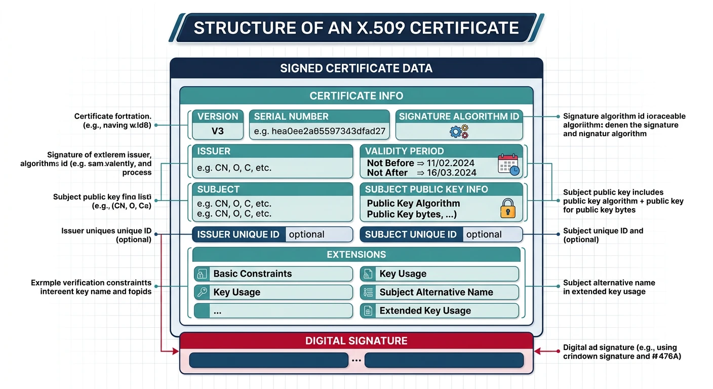Annotated diagram of an X.509 certificate showing fields including version, serial number, issuer, validity period, subject, public key, and extensions