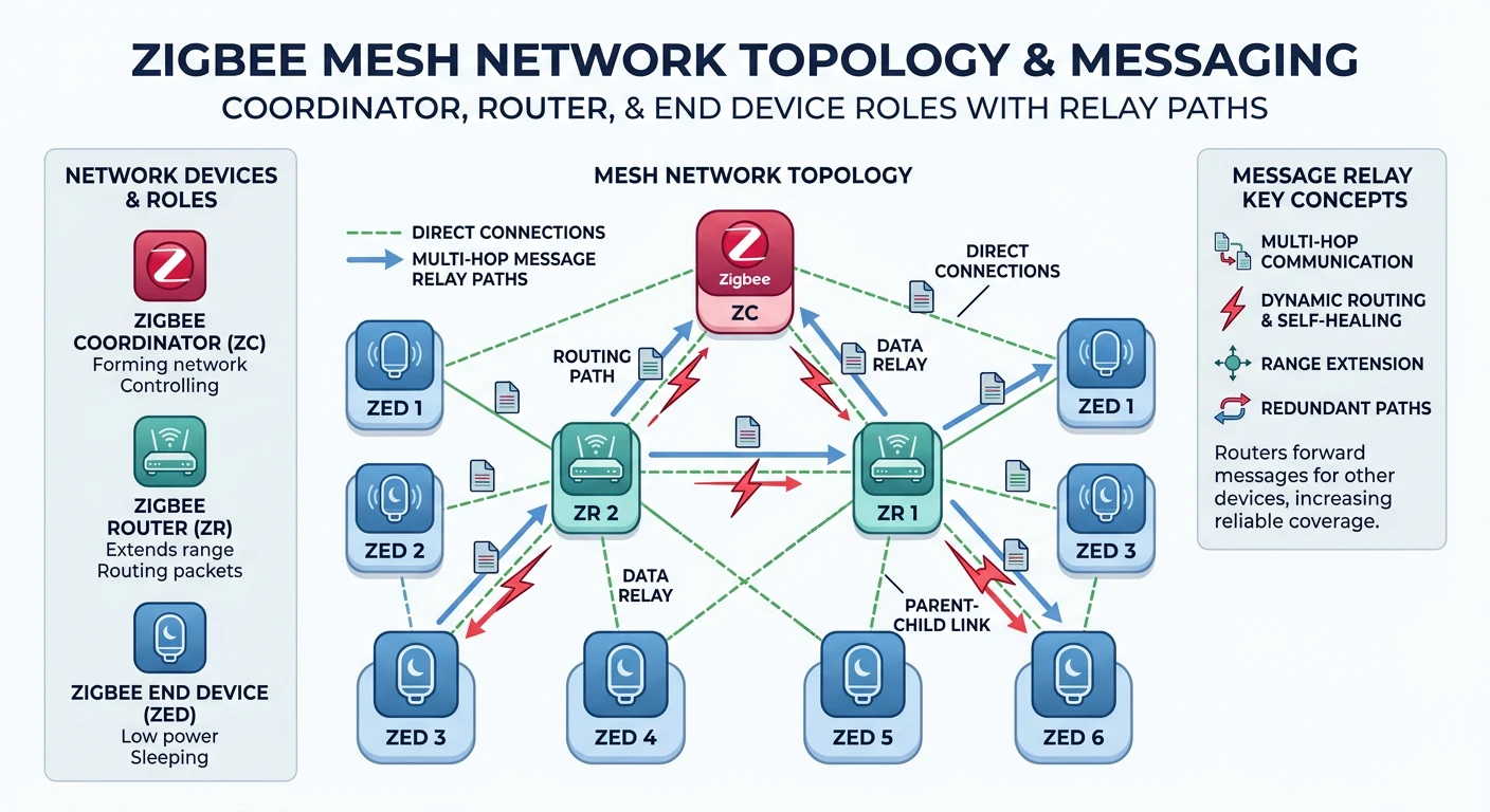 Zigbee mesh network topology with coordinator, router, and end device roles showing message relay paths